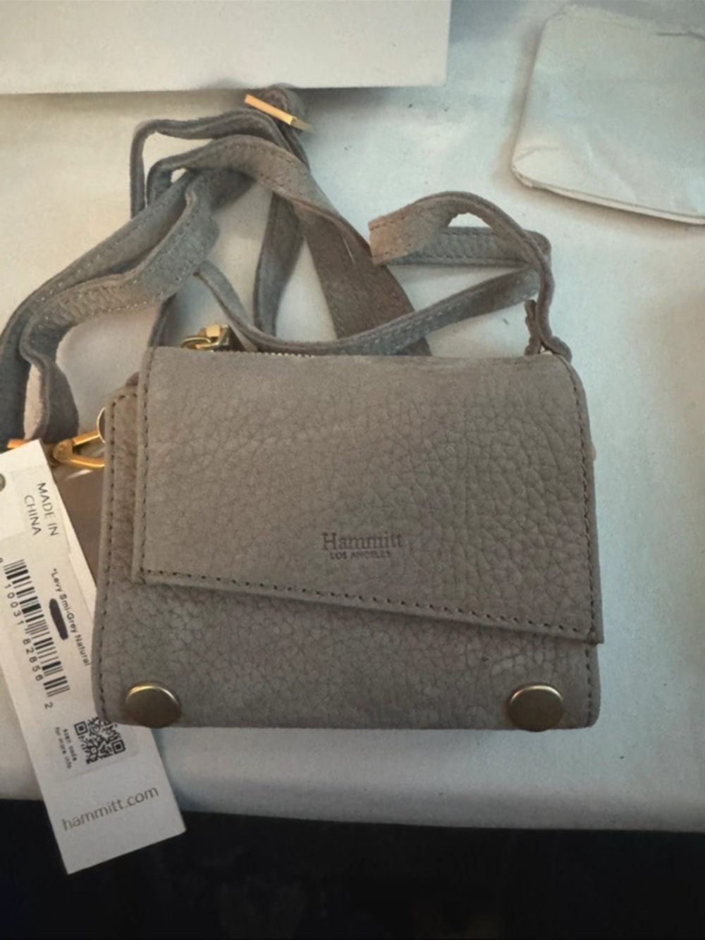 Hammitt Pebbled Leather Crossbody in Light Gray with Gold Hardware